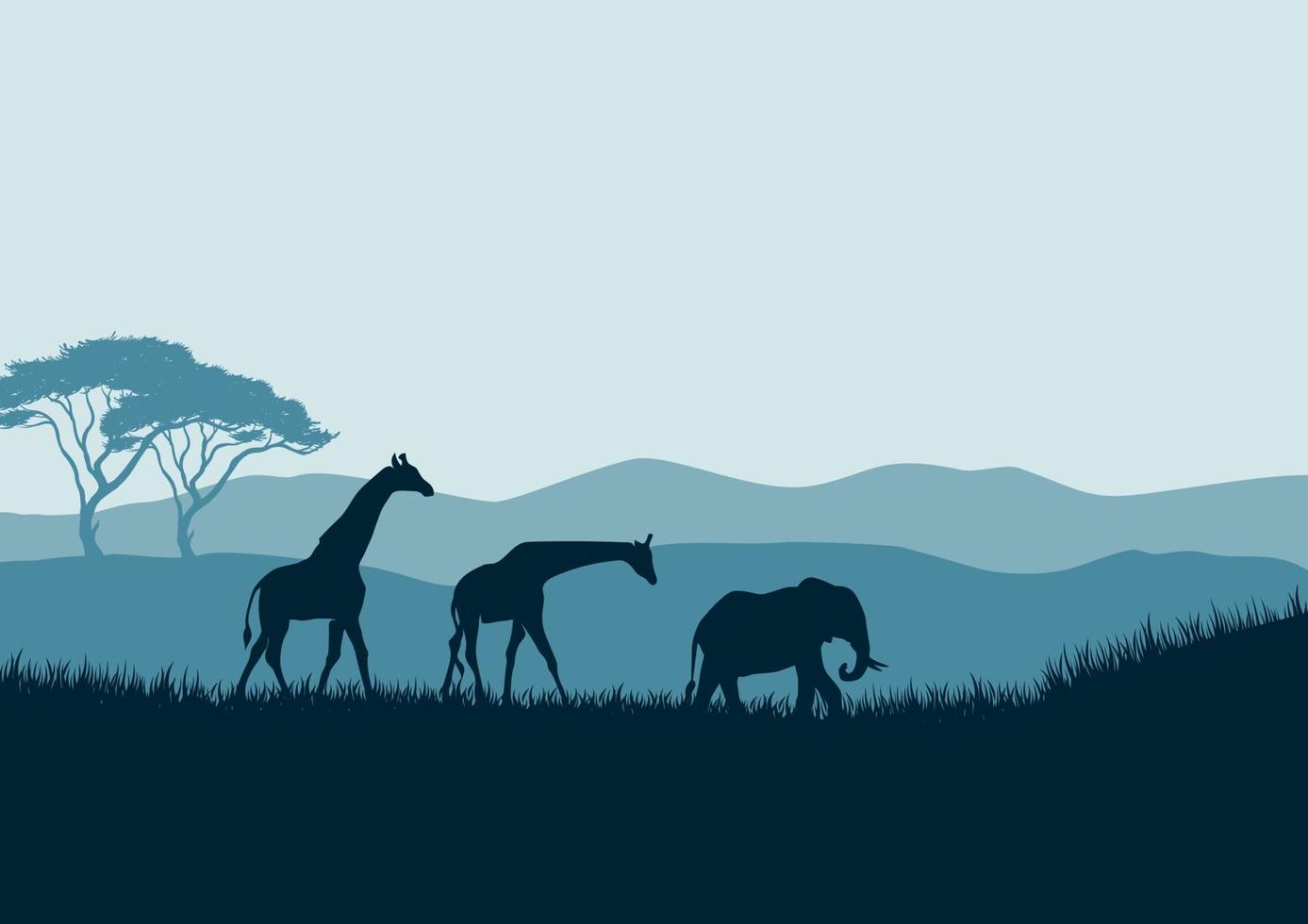 African savannah landscape with giraffe and elephant silhouettes vector background illustration