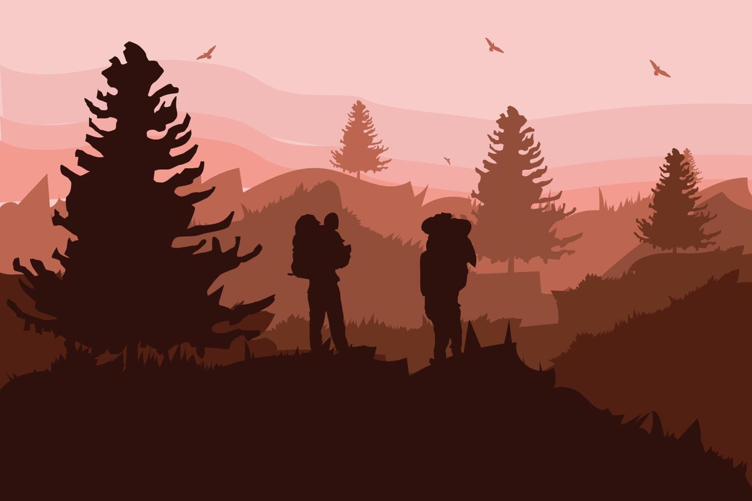 1 team hiker, backpaker, tourists standing in mountain landscape with forest under sunset sky, with clouds and flying birds, tree vector