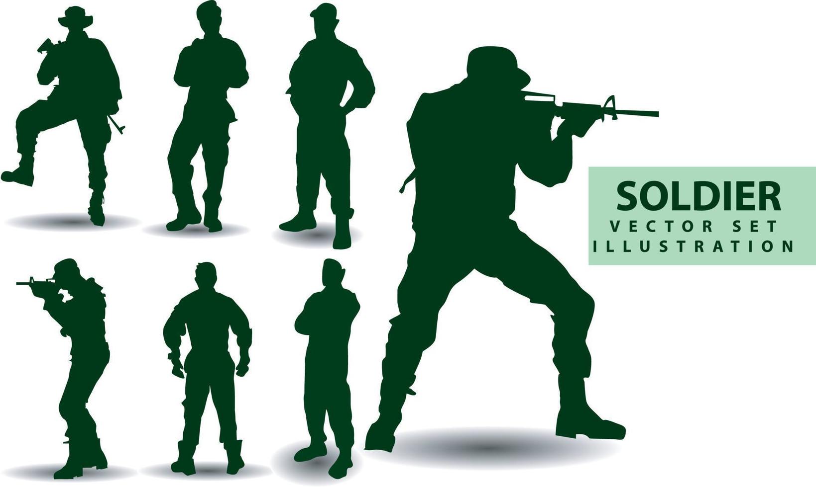 siluetas vectoriales de soldados, policía, vaquero, grupo 1 equipo varios estilos sosteniendo armas, preparándose para la batalla, lucha, estilo, ropa verde aislada en fondo blanco vector