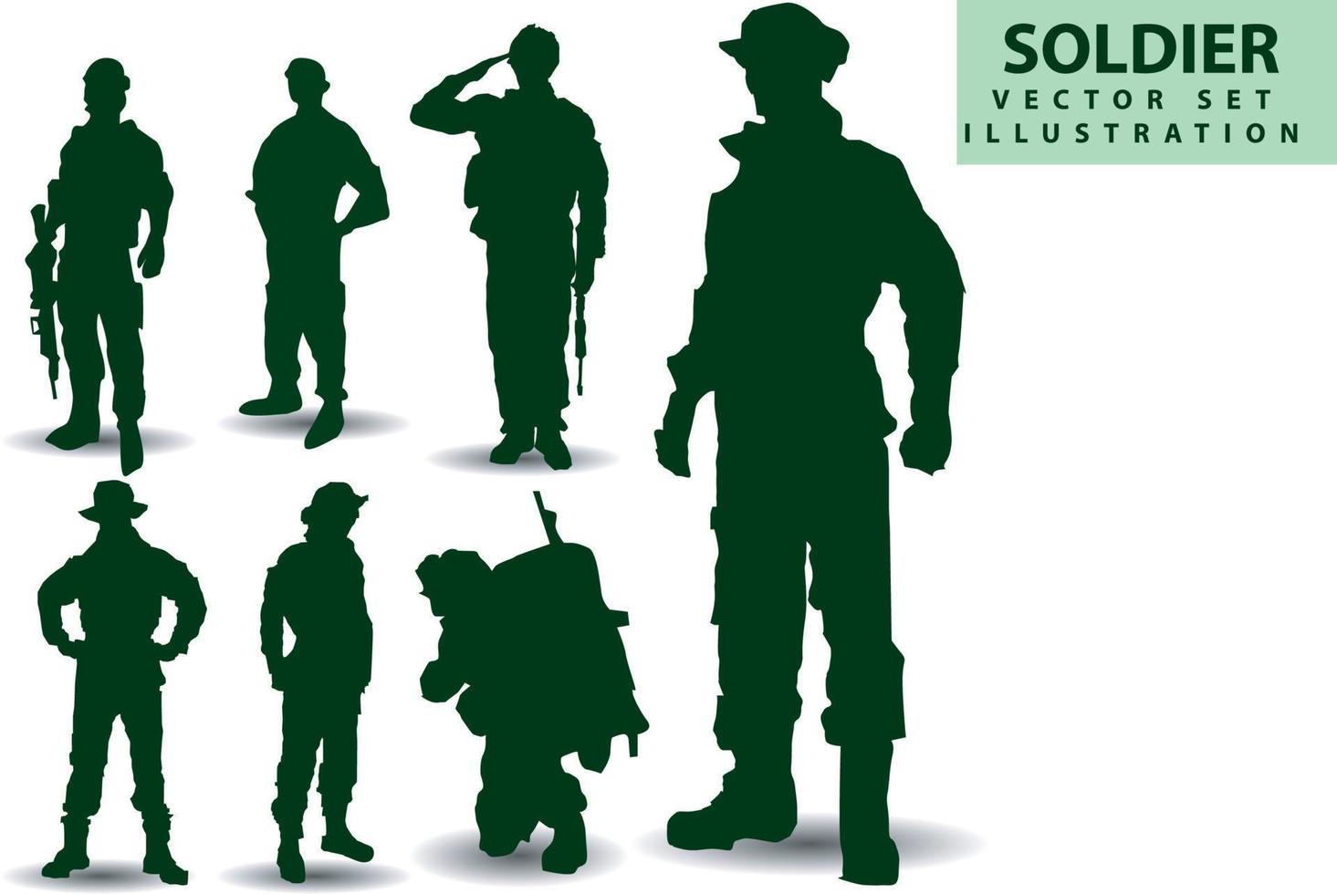 siluetas vectoriales de soldados, policía, vaquero, grupo 1 equipo varios estilos sosteniendo armas, preparándose para la batalla, lucha, estilo, ropa verde aislada en fondo blanco vector