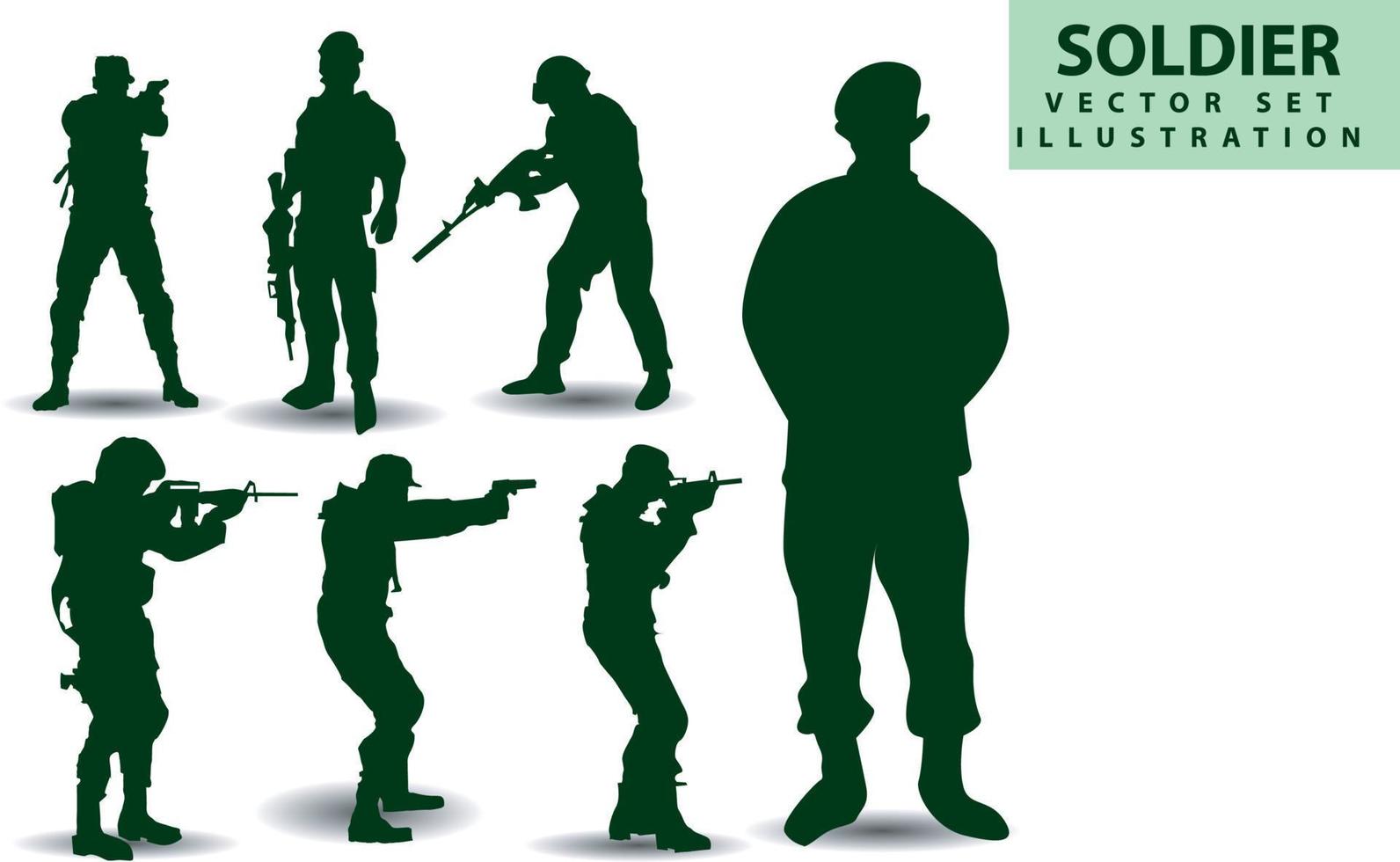 siluetas vectoriales de soldados, policía, vaquero, grupo 1 equipo varios estilos sosteniendo armas, preparándose para la batalla, lucha, estilo, ropa verde aislada en fondo blanco vector