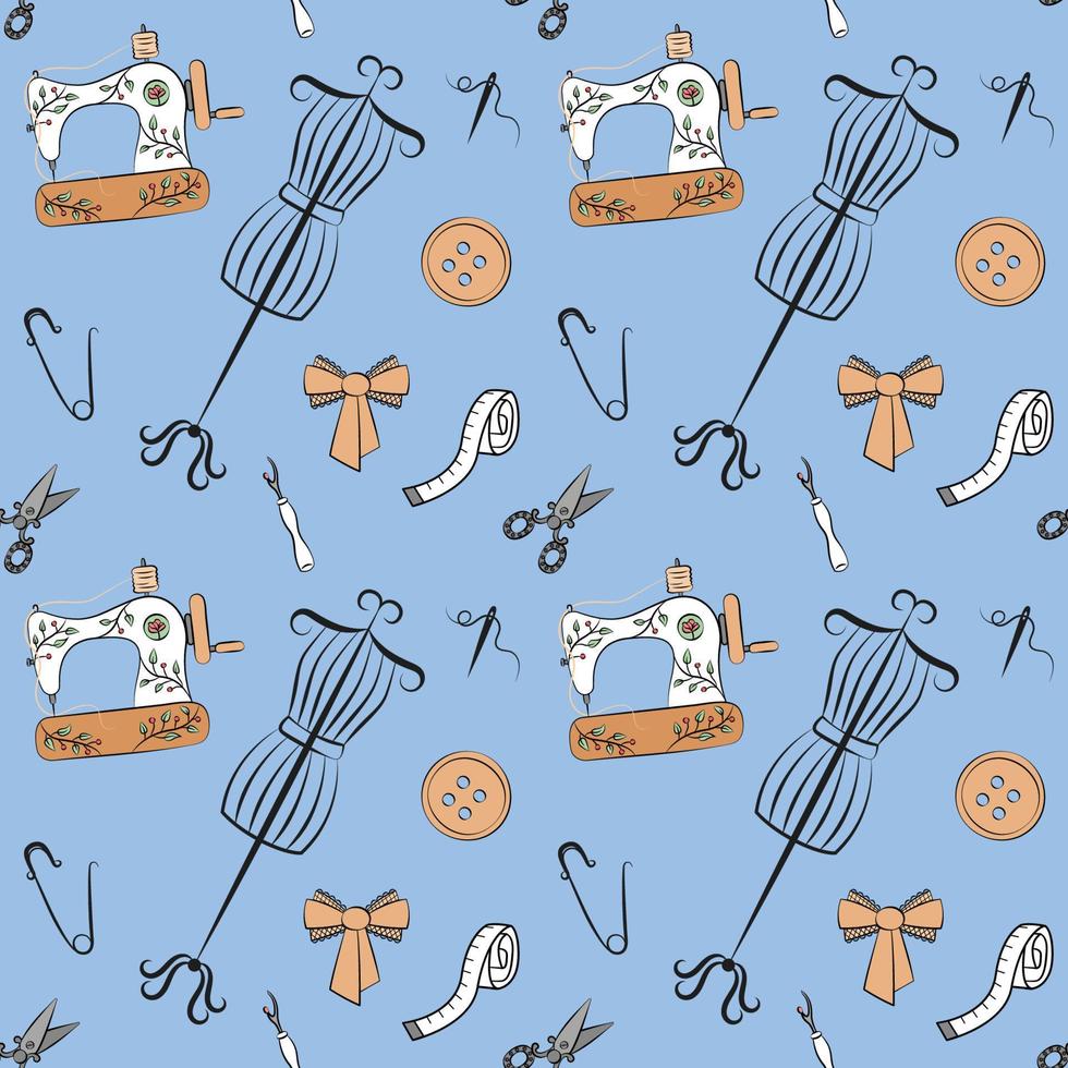 Sewing pattern. Vector colorful seamless background. Mannequin, sewing machine, bow, scissors, needle illustrated elements. Various tailoring tools on blue background