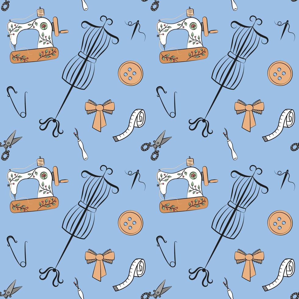 Sewing pattern. Vector colorful seamless background. Mannequin, sewing machine, bow, scissors, needle illustrated elements. Various tailoring tools on blue background