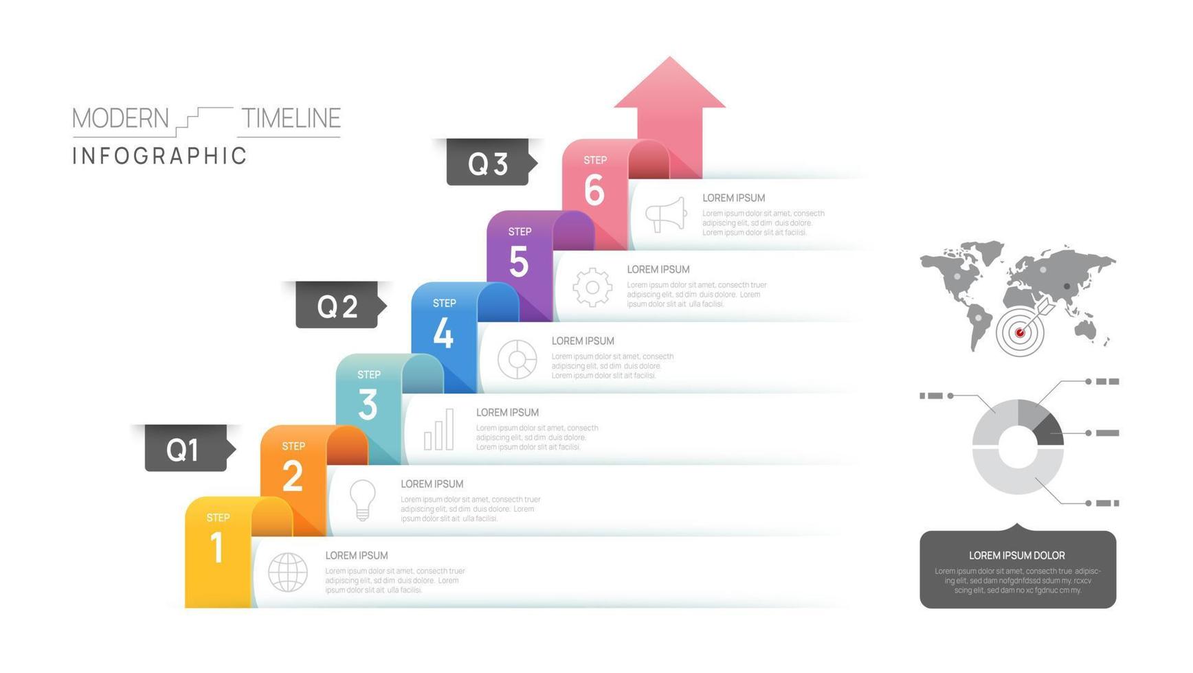 plantilla de diagrama de línea de tiempo de infografía para negocios. Hoja de ruta moderna de 6 pasos con temas circulares, para infografías vectoriales, diagramas de flujo, presentaciones. vector