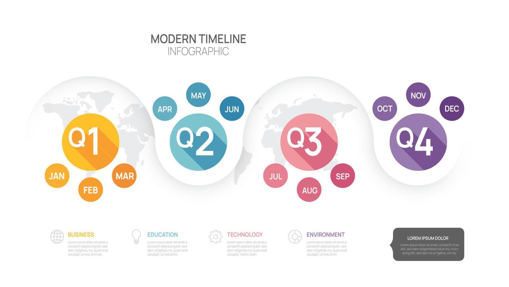 plantilla de diagrama de calendario de línea de tiempo de infografía para negocios. Hoja de ruta moderna de 4 pasos con temas circulares, para infografías vectoriales, diagramas de flujo, presentaciones. vector