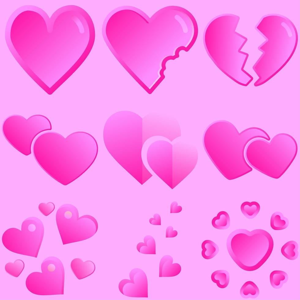 recursos gráficos vectoriales de corazones de san valentín. icono de amor del día de san valentín. diseño de corazón de amor rosa degradado brillante. conjunto de ilustración de vector de elemento de San Valentín 3d