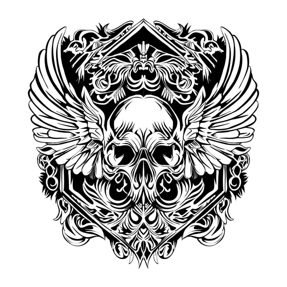 dibujo de esquema de silueta de alas de cráneo vector
