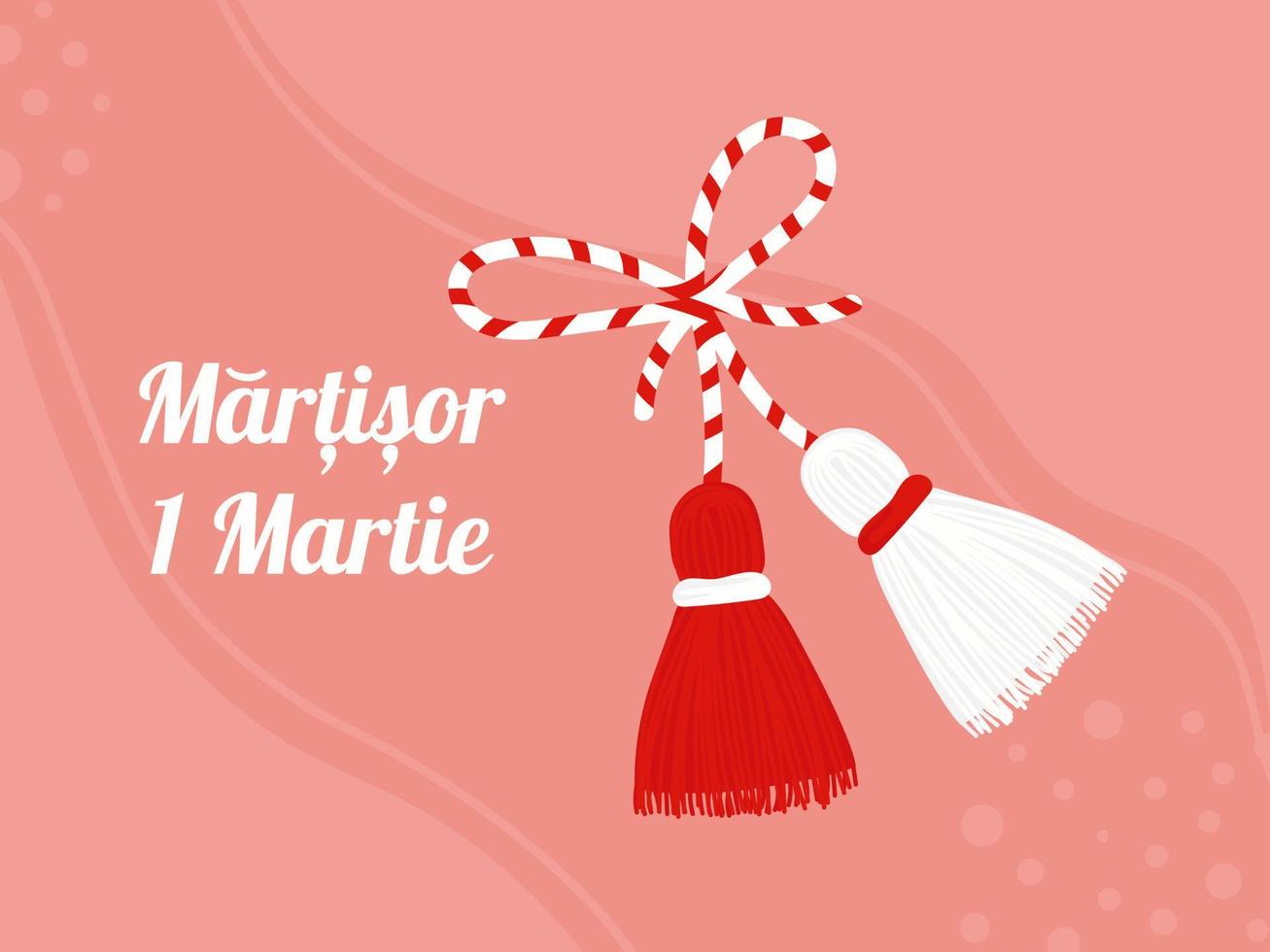 Martisor talisman isolated on pink background. Traditional accessory for holiday of early spring in Romania and Moldova. Red and White spring symbol. vector