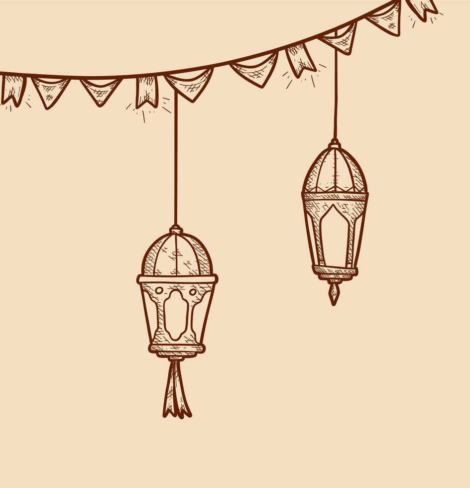 estilo de boceto colgante de ilustración de elemento de diseño de vector de linterna de luces de ramadán
