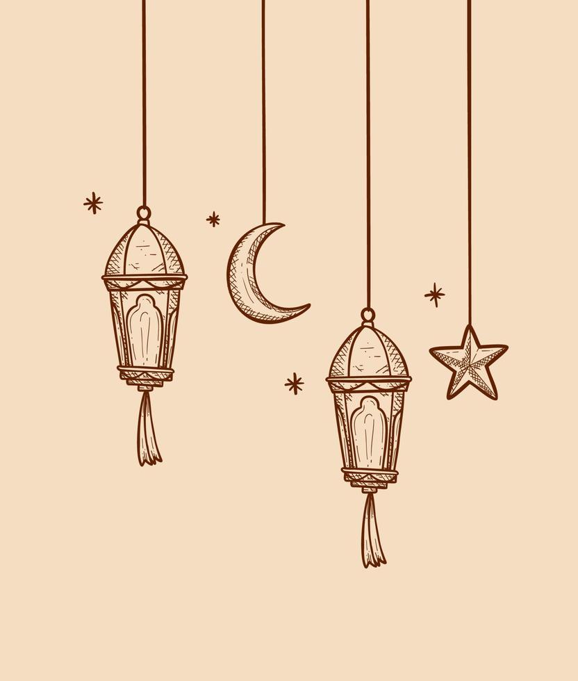 hanging ramadan lantern lights for ramadhan greeting design vector element illustration in sketch hand drawing style