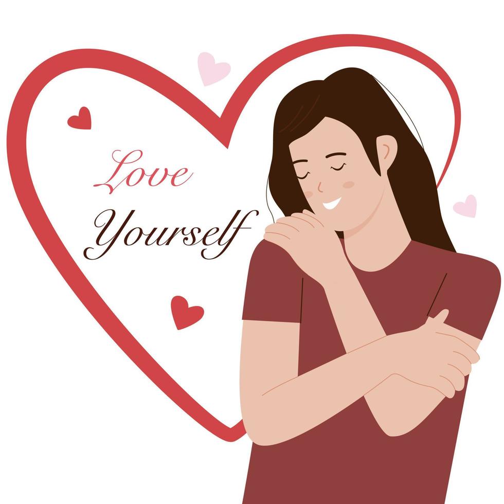 Flat vector cartoon of a woman hugging herself