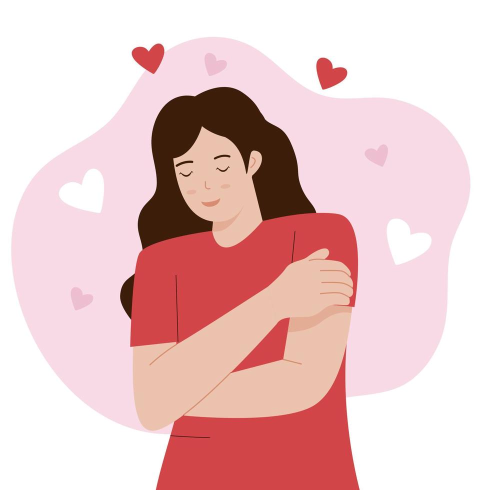 Flat vector cartoon of a woman hugging herself