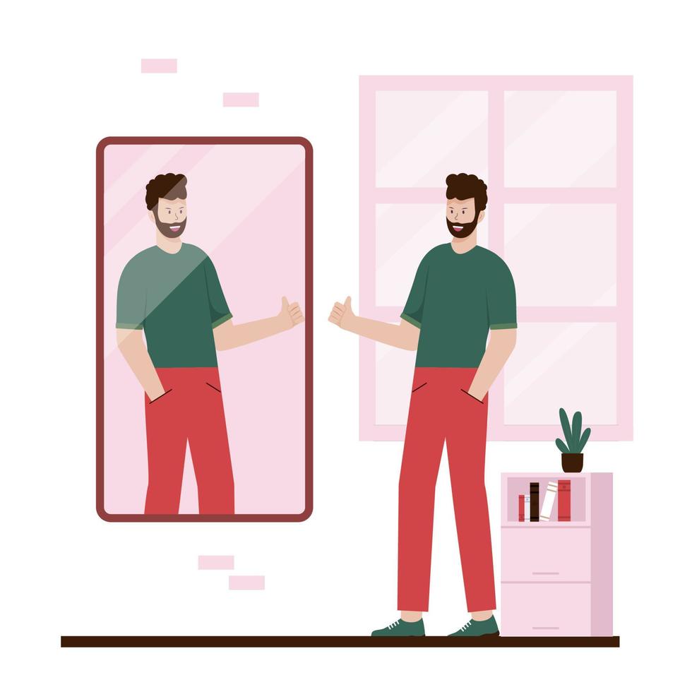 Flat design of happy narcissist man looking at herself in mirror vector