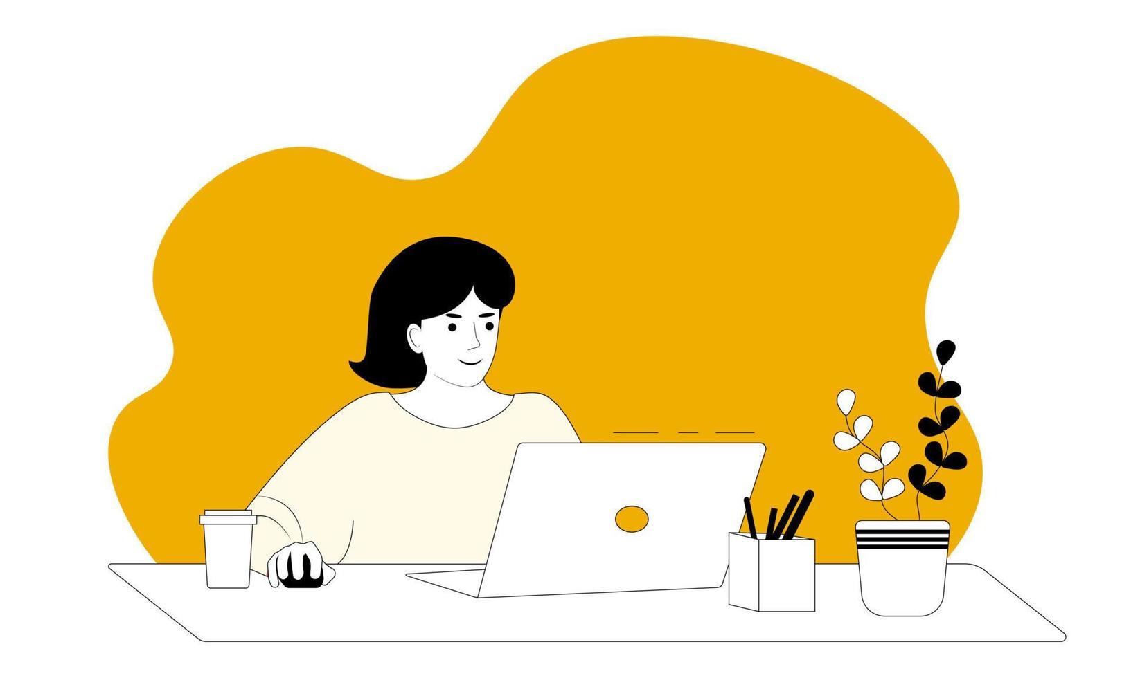 Girl with laptop. Freelance or studing proect. Student studying with book. Vector female character illustration