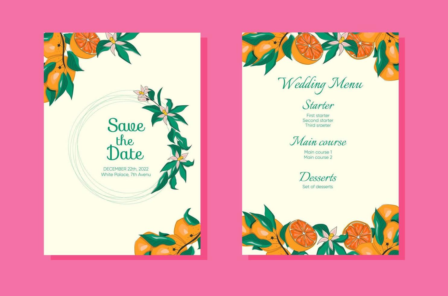 Set of wedding invitation cards with bright oranges, flowers and leaves template design. Vector EPS10