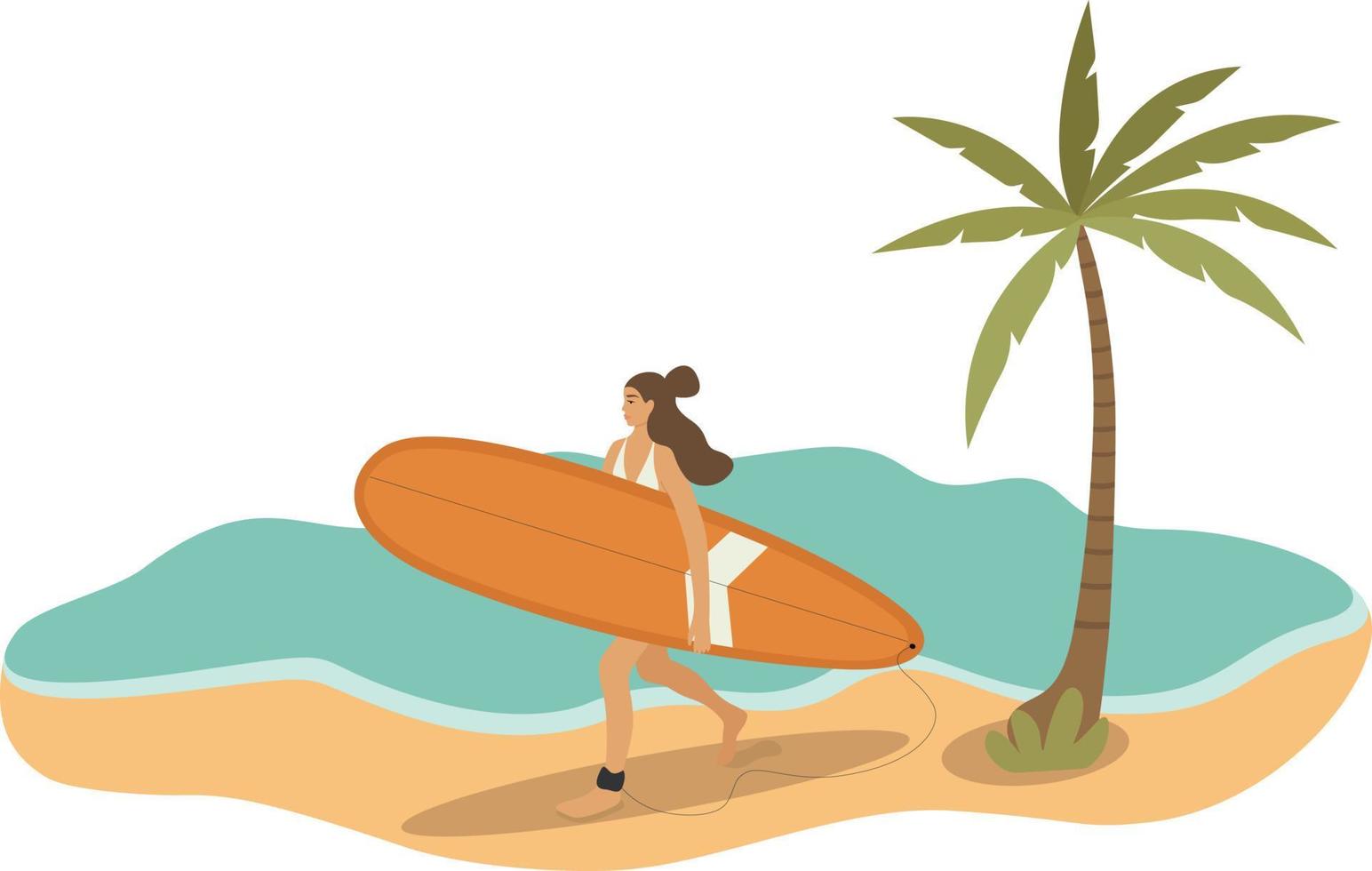 girl is surfing. Young woman with a surfboard in full growth on the background of the waves. port lifestyle. Summer rest. The concept of female power. Surfers on the beach. Vector