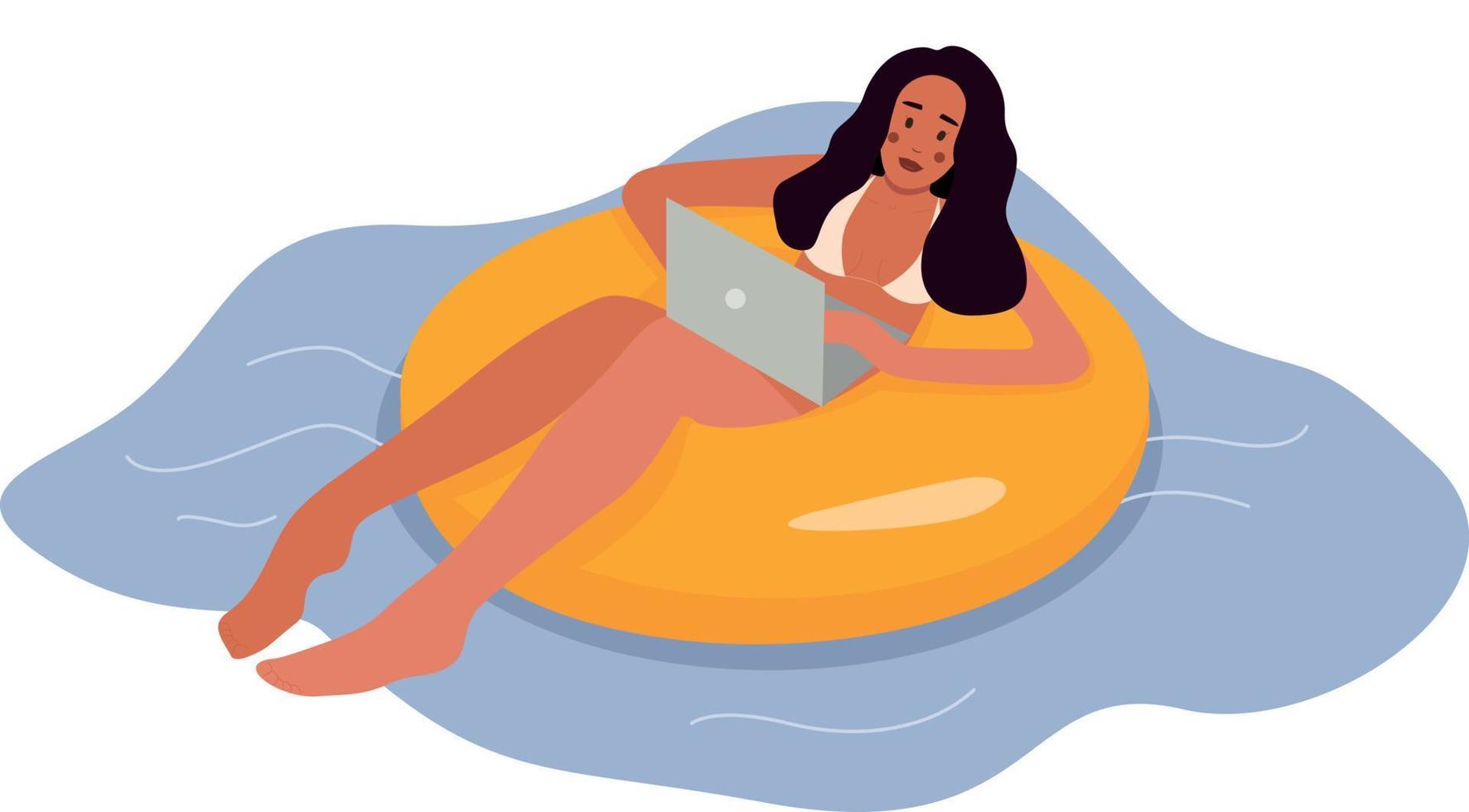 Freelance lying on floating ring relax at sea work online on laptop. Outsourcing, freelance. Concept of working at the sea. Work wherever you want with pleasure. beachworking. Online training.Vector i vector
