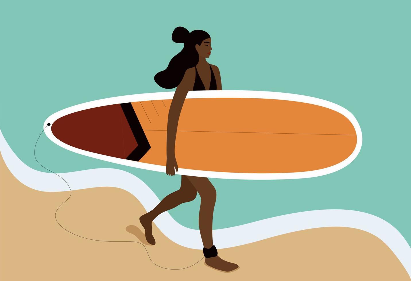 African American girl is surfing. Young woman with a surfboard in full growth on the background of the waves. port lifestyle. Summer rest. The concept of female power. Surfers on the beach. Vector