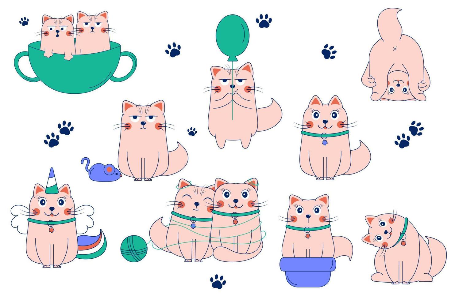 divertidos gatos de dibujos animados garabatos. gato de personaje gato de letras gato unicornio vector