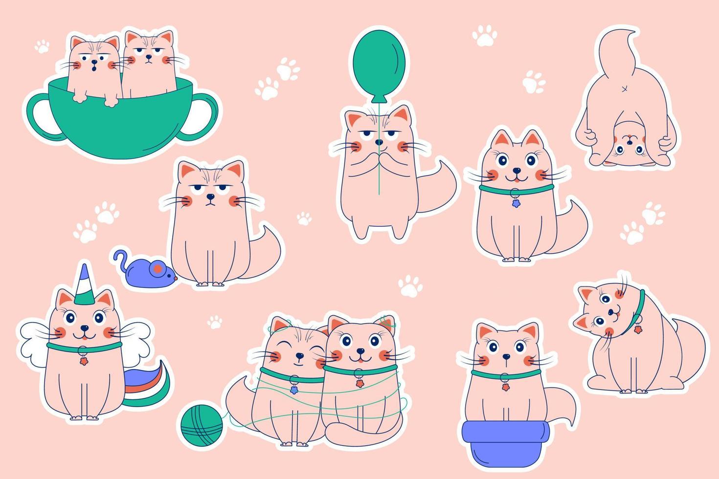 Funny stickers  cartoon cats doodle. Character cat. Lettering cat. Unicorn cat vector