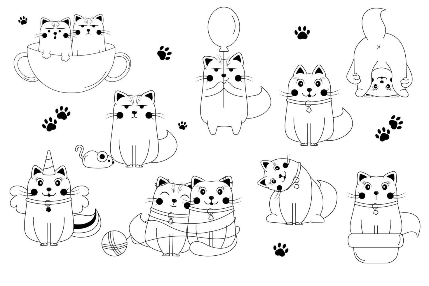 Funny black and white outline  cartoon cats doodle. Character cat. Lettering cat. Unicorn cat vector
