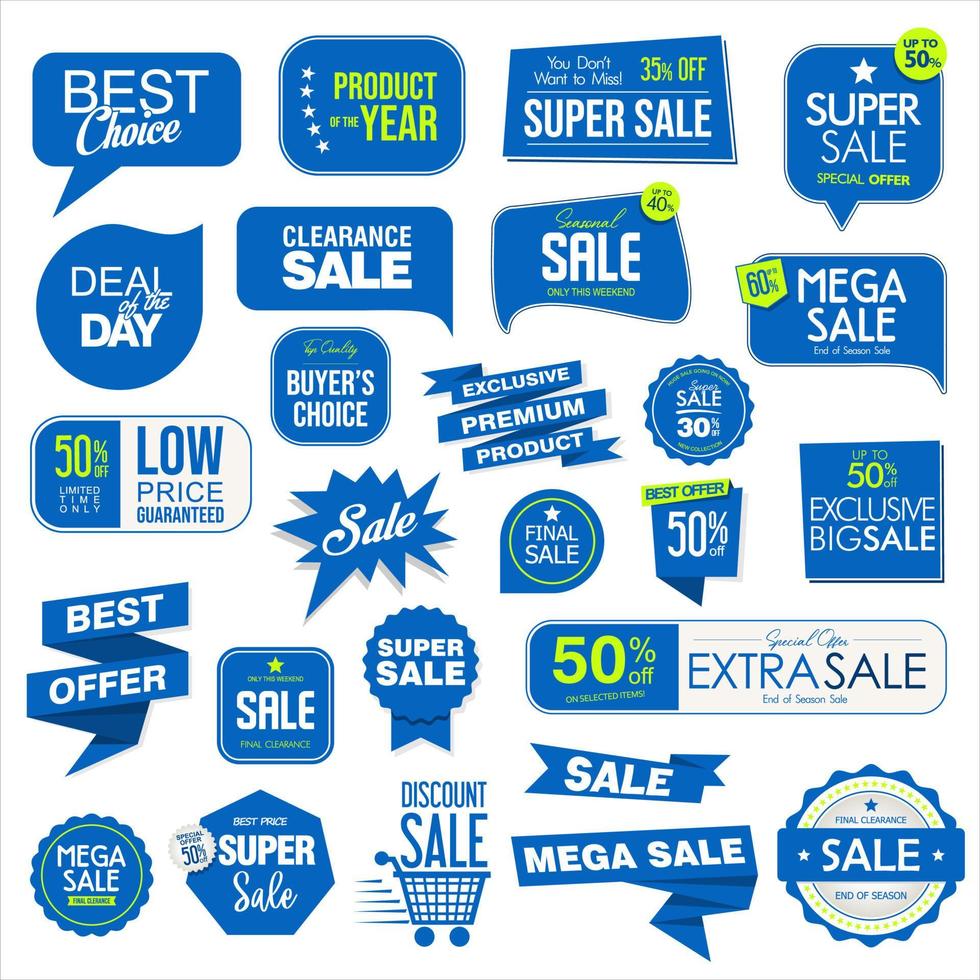 Collection of blue super sale and premium quality badge stickers and tags vector
