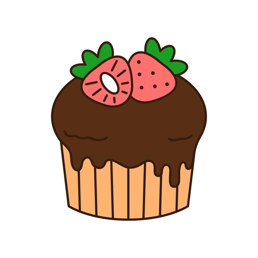 Cupcake with strawberries doodle icon. vector