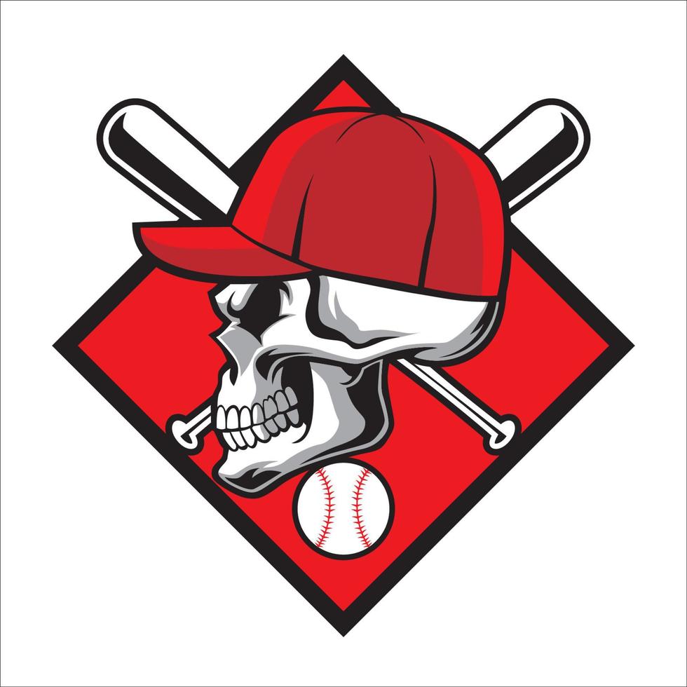 Skull wearing hat and crossed baseball bat vector