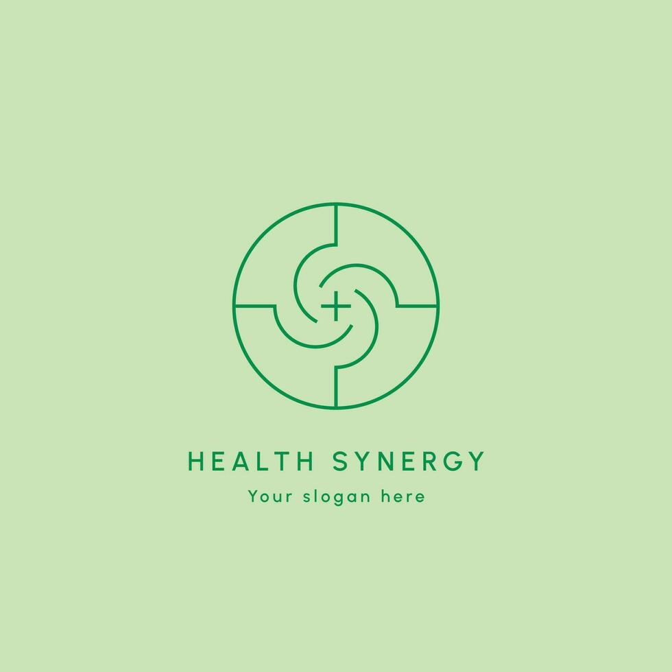 Medical synergy logo design illustration. Health linear creative spin symbol. Clean modern minimalist lines vector. Isolated background. vector