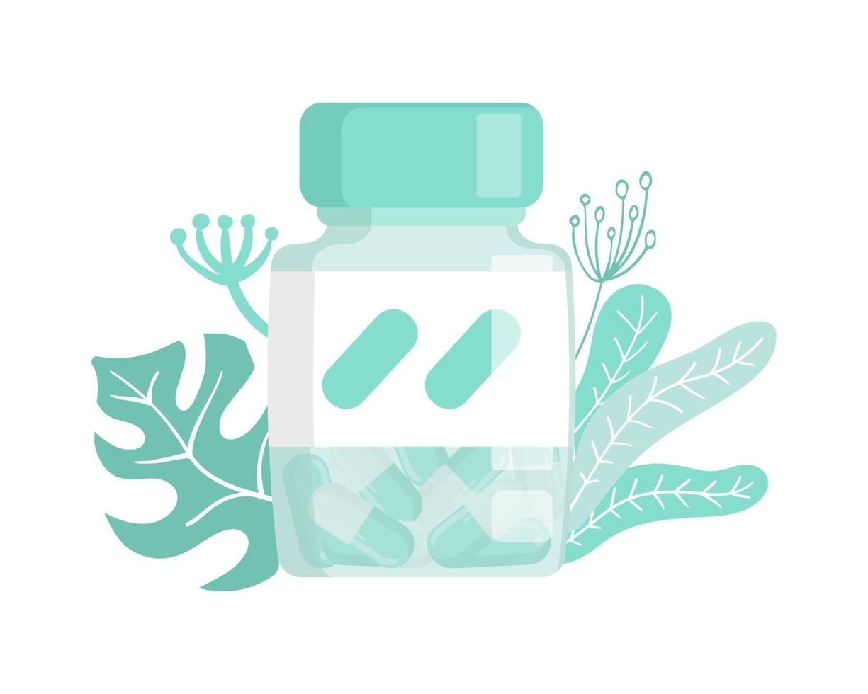 cápsulas de hierbas en una botella con un fondo de hojas. concepto de medicina alternativa y fitoterapia. Pastillas homeopáticas y herbales. ilustración vectorial plana. vector