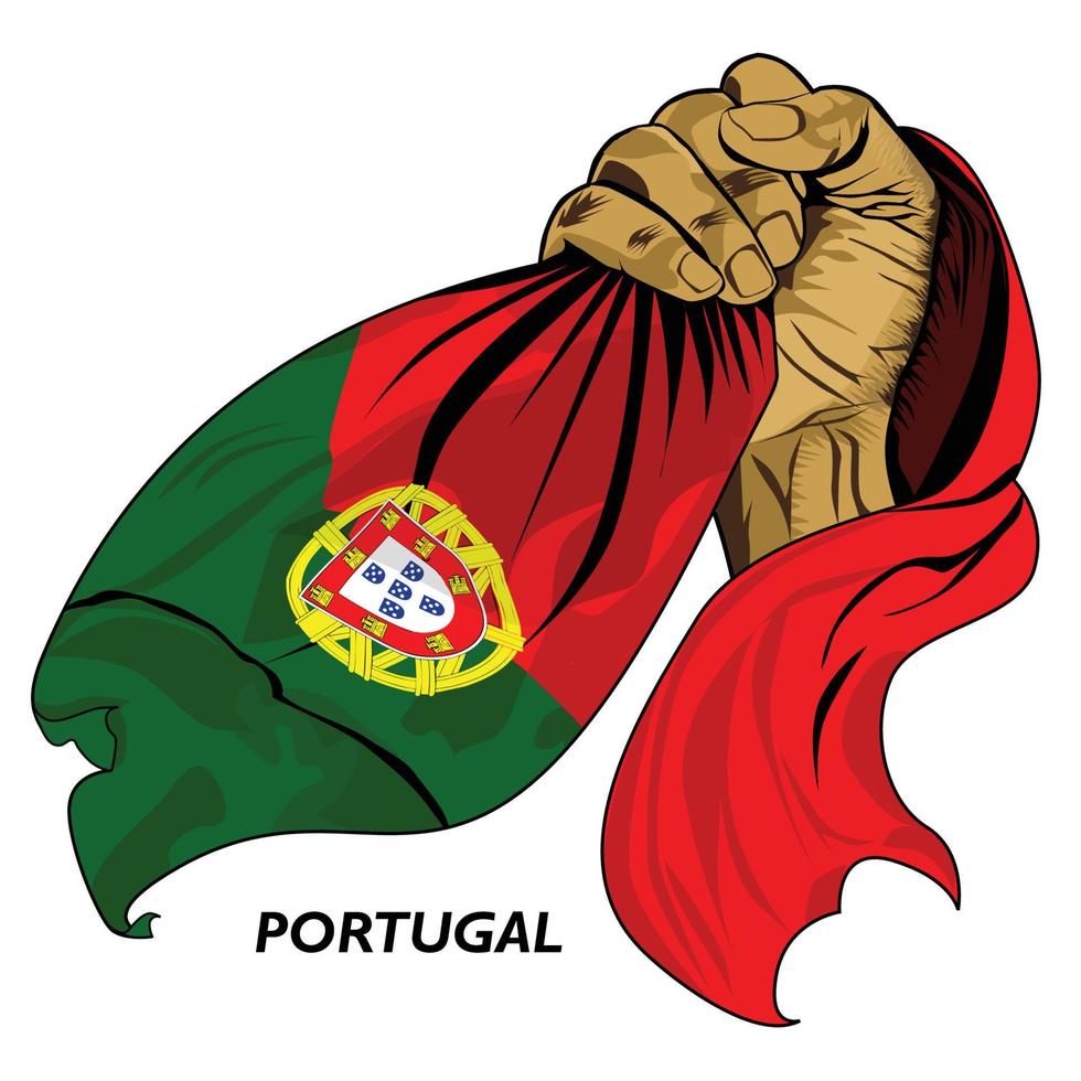 Fisted hand holding Portuguese flag. Vector illustration of Hand lifted and grabbing flag. Flag draping around hand. Editable and scalable Eps format