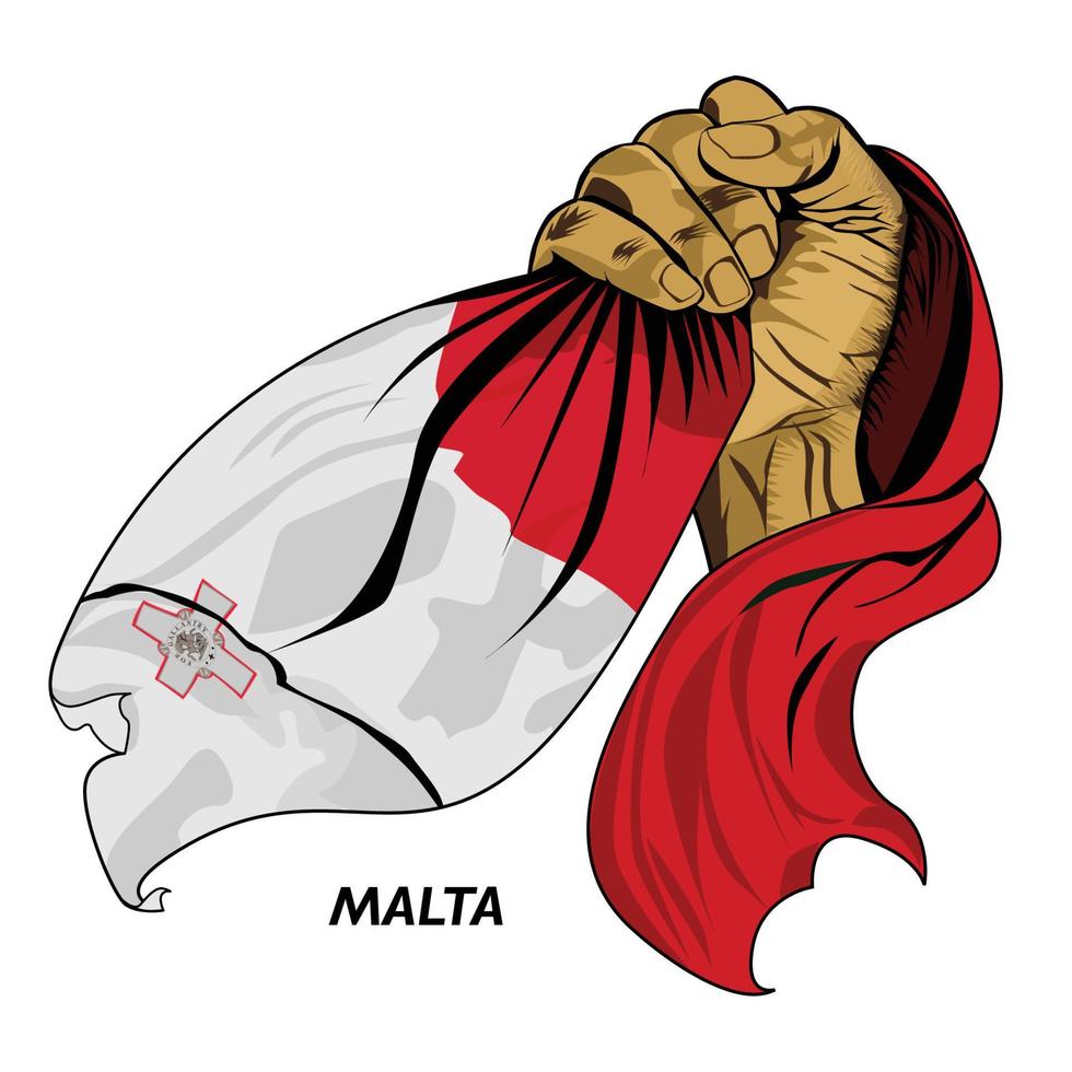 mano con puño sosteniendo la bandera maltesa. ilustración vectorial de la mano levantada y agarrando la bandera. bandera colgando alrededor de la mano. formato eps editable y escalable vector