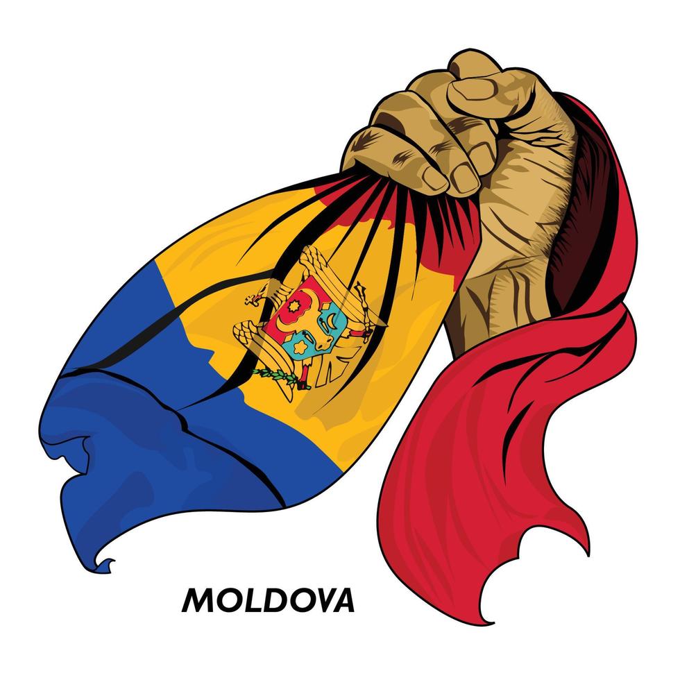 Fisted hand holding Moldovan flag. Vector illustration of Hand lifted and grabbing flag. Flag draping around hand. Editable and scalable Eps format