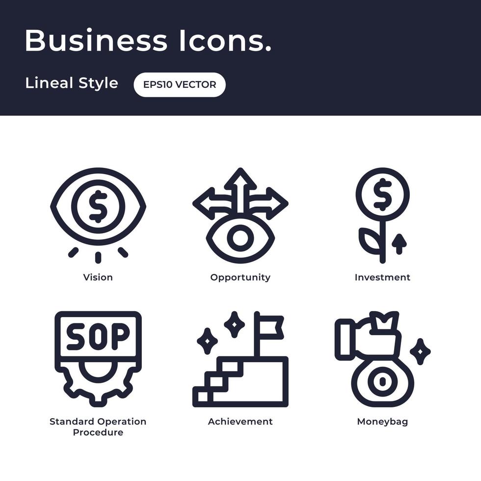 Business icons set with outline style with vision, opportunity, investment, sop, achievement, money bag vector