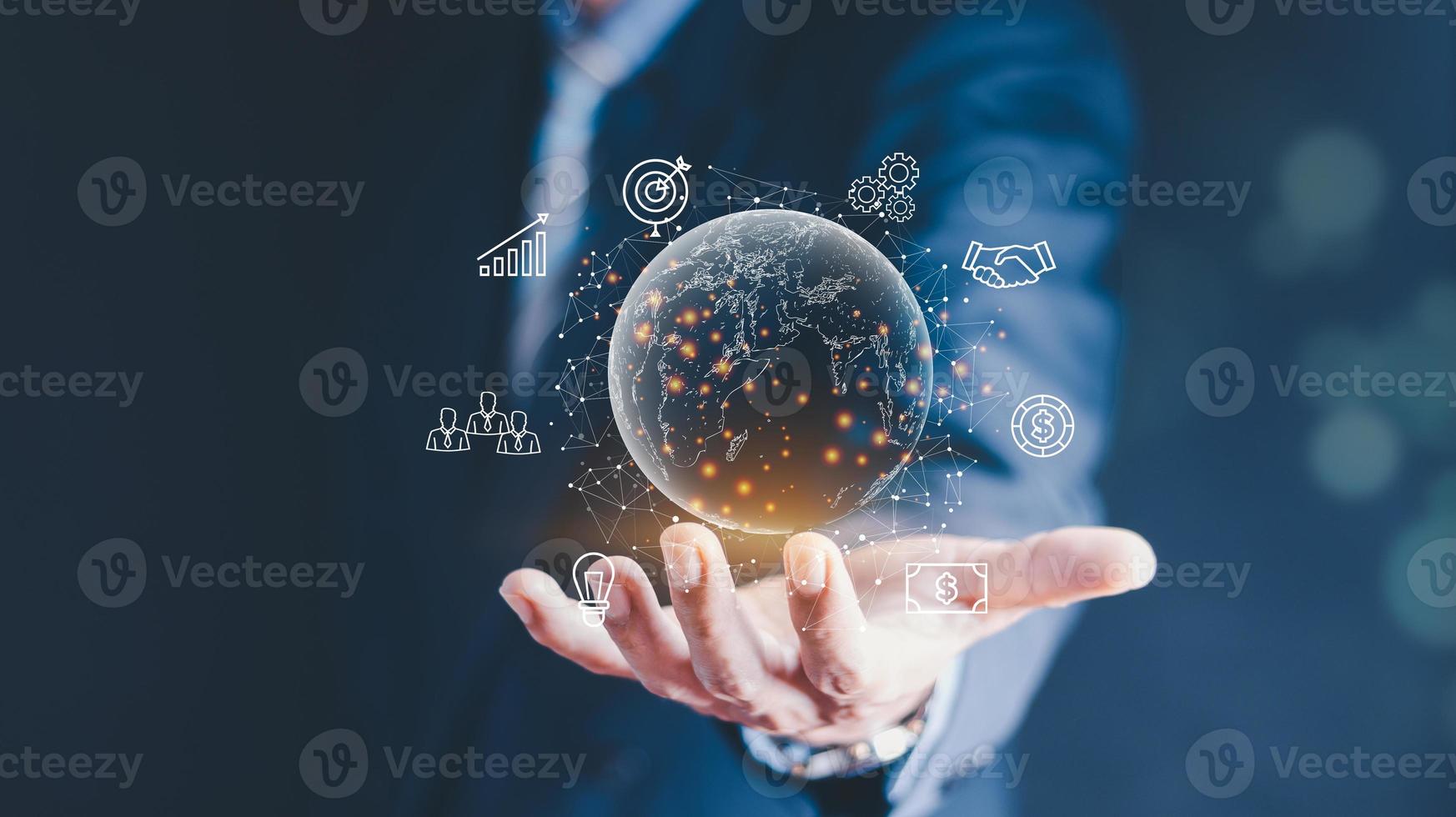 Businessman  Hand holding virtual Global Internet connection metaverse. Business global internet connection application technology and digital marketing, Financial and banking, Digital link tech, photo