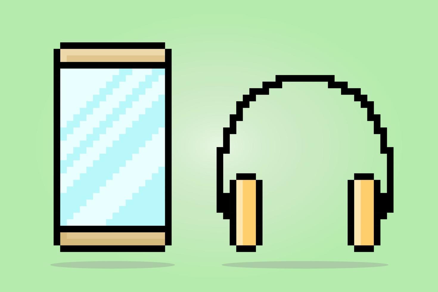 Píxel de 8 bits, tecnología de hardware moderna, teléfono inteligente y auriculares. píxeles de icono para activos de juego e iconos web en ilustraciones vectoriales. vector