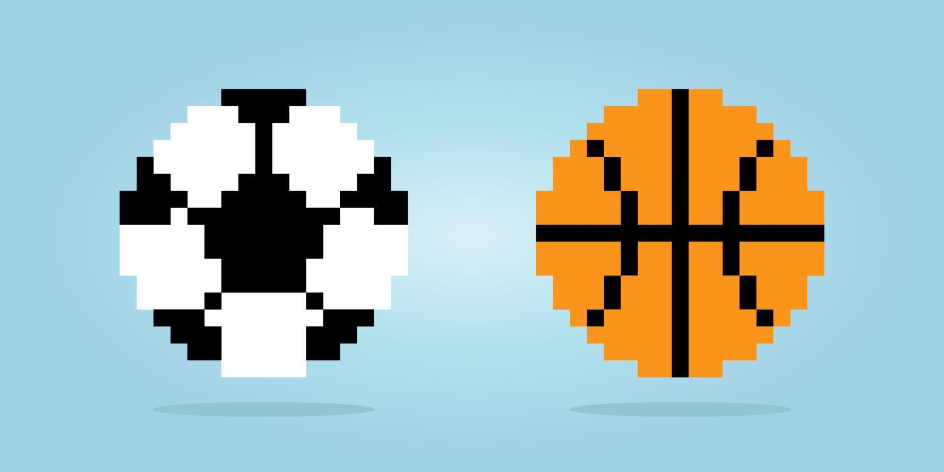 Fútbol y baloncesto de 8 bits de píxeles. píxeles de bola para activos de juego y patrones de punto de cruz, en ilustraciones vectoriales vector