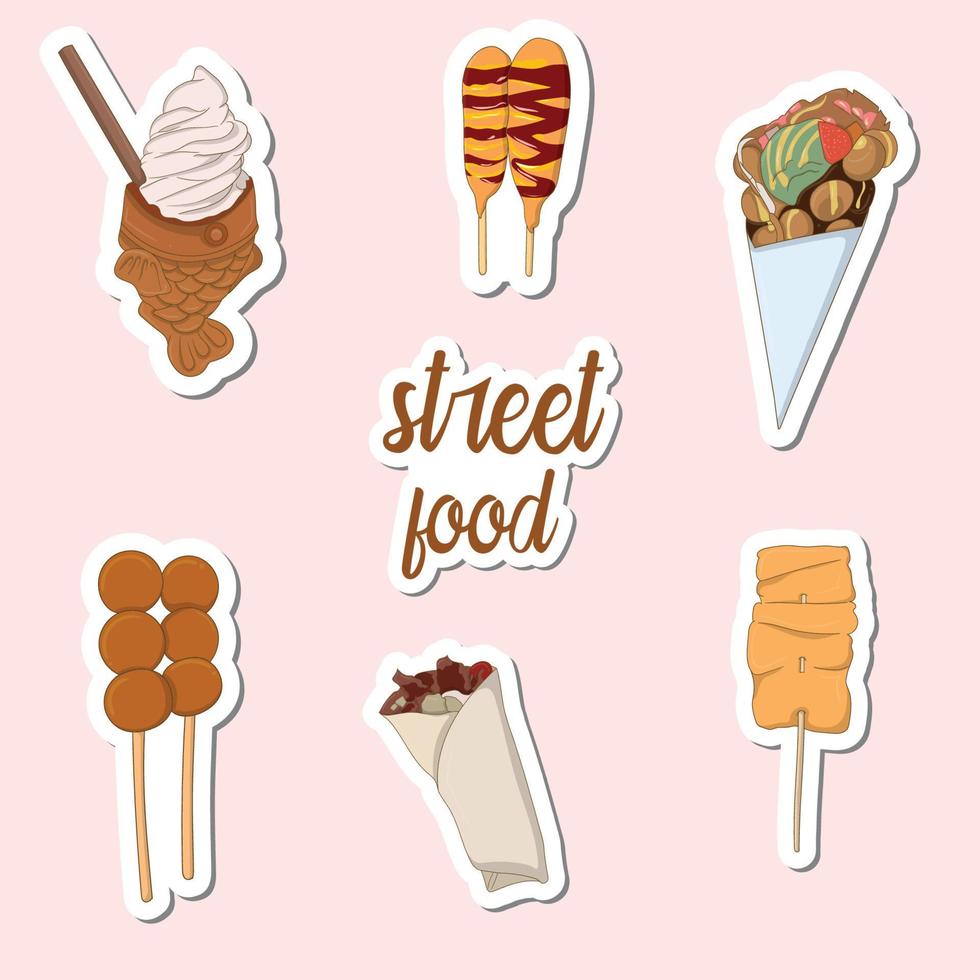 Colorful hand drawn street food stickers design vector