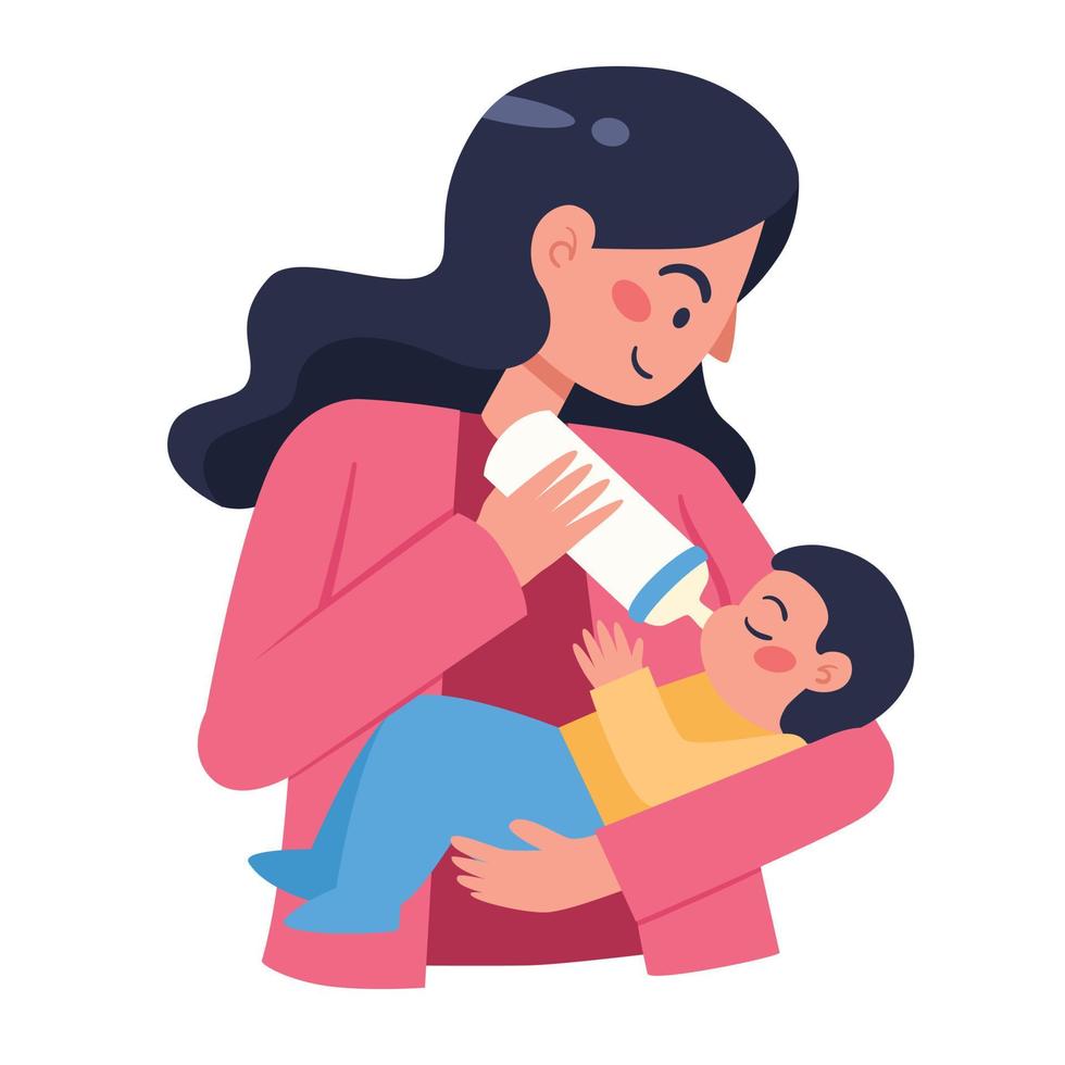 Mother holding and feeding baby from milk bottle vector