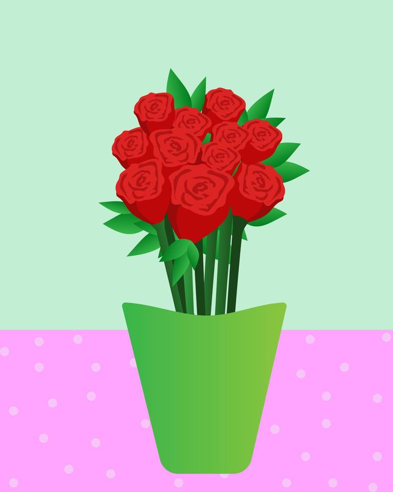 A large bouquet of beautiful red roses on a background of blue and pink in a pot vector