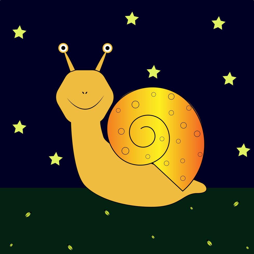 Cheerful snail with a smile and a shell, vector illustration for children, background of the night sky and stars, fireflies, funny picture