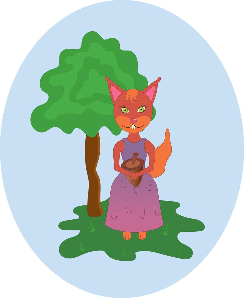 Bright funny cartoon squirrel with a nut in his hands in a clearing with grass and a tree vector