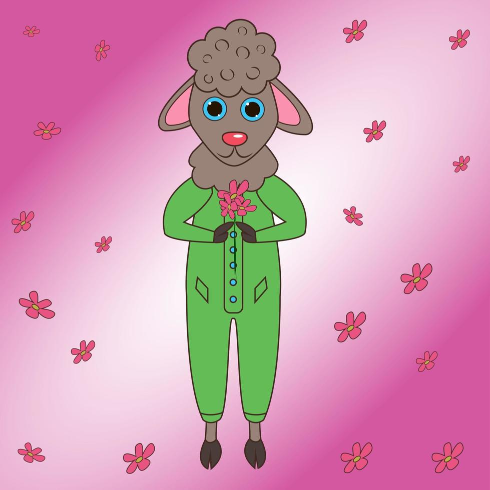 Little sheep children's illustration in a suit with a bouquet of flowers vector
