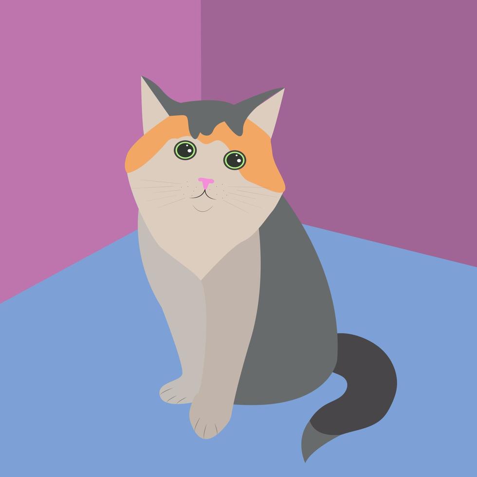 Tricolor multicolored cat that brings happiness, children's illustration, funny vector
