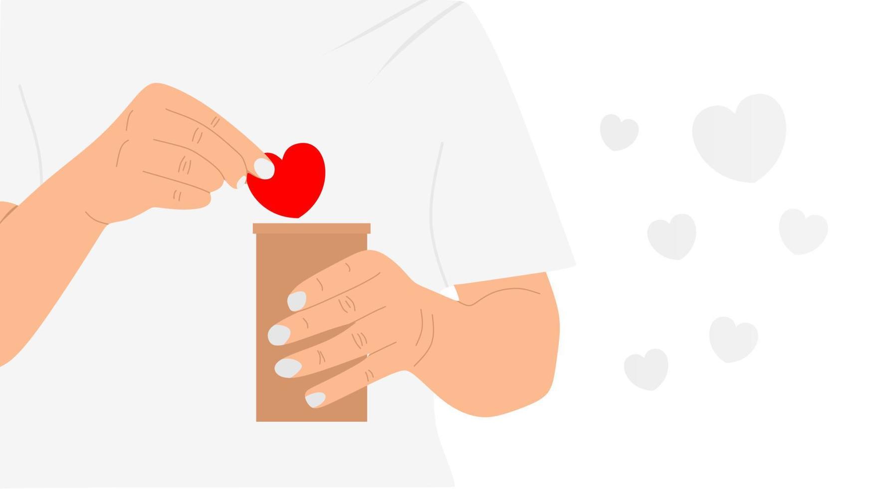 People put hearts into a box for donations Hearts in hand vector