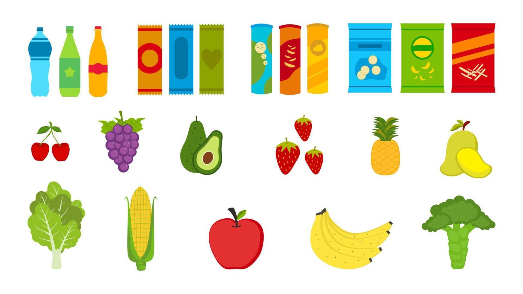 conjunto de verduras, frutas, bebidas y snacks para donación de alimentos. vector