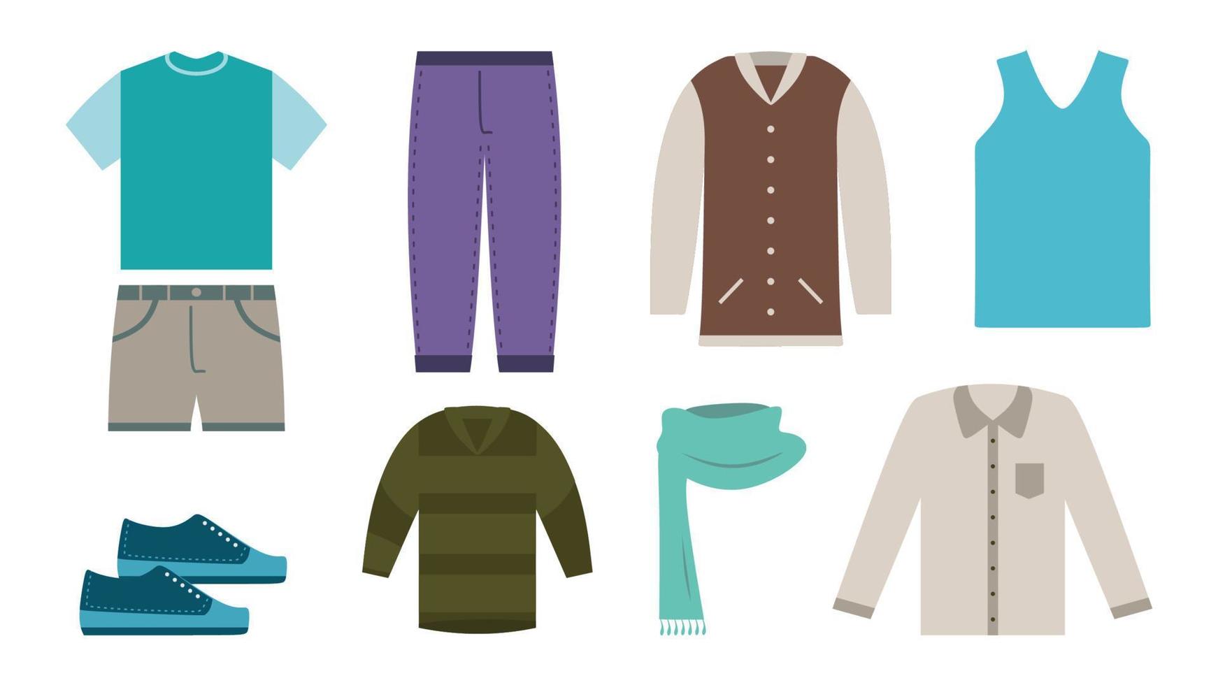 conjunto de ropa como camisa, chaqueta, suéter, zapatos, pantalones vector