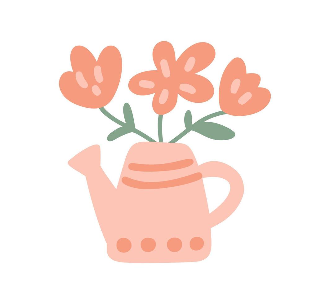 Flower bouquet in the blue watering can. Cute springtime flat hand drawn cartoon style vector illustration isolated on white background