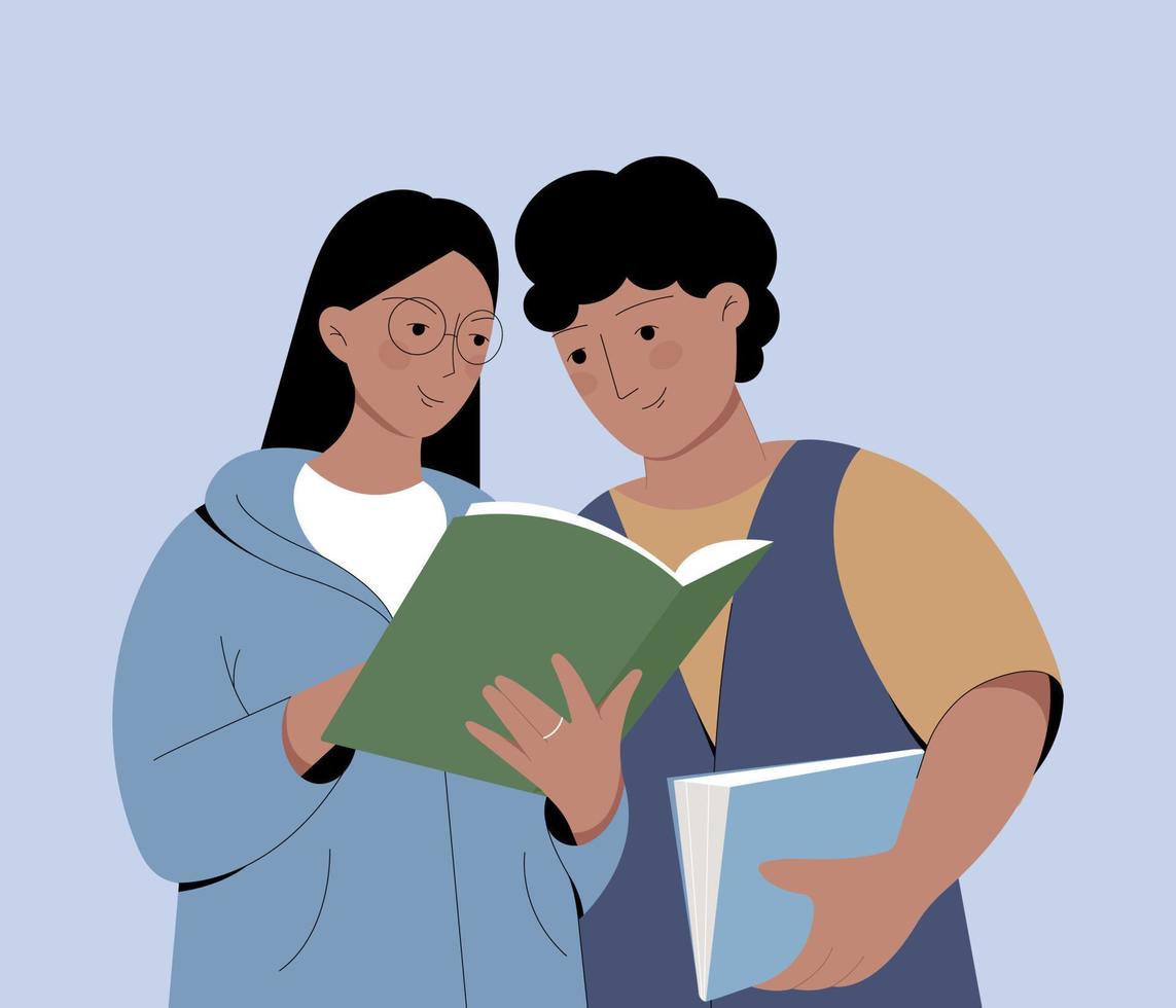 Vector illustration flat young man and woman students read books together