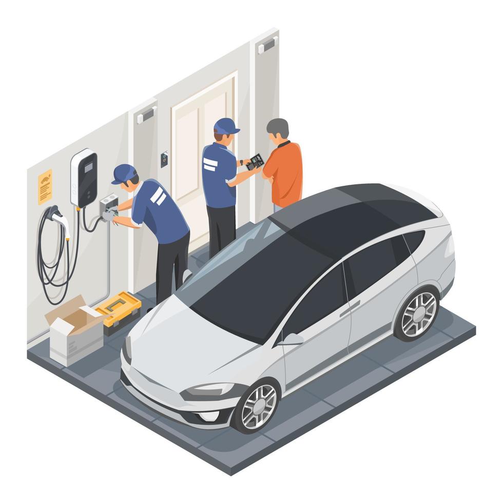 el concepto de instalación del hogar del cargador ev con el técnico del automóvil usa la tableta para aconsejar al cliente que repare y mantenga e instale el servicio de la casa dibujos animados de ilustración aislada isométrica vector